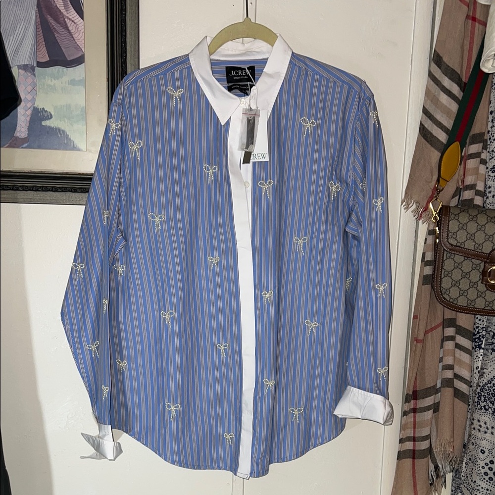 J. Crew Blue and White Striped Button-Down Shirt with Embroidered Pearl Bows